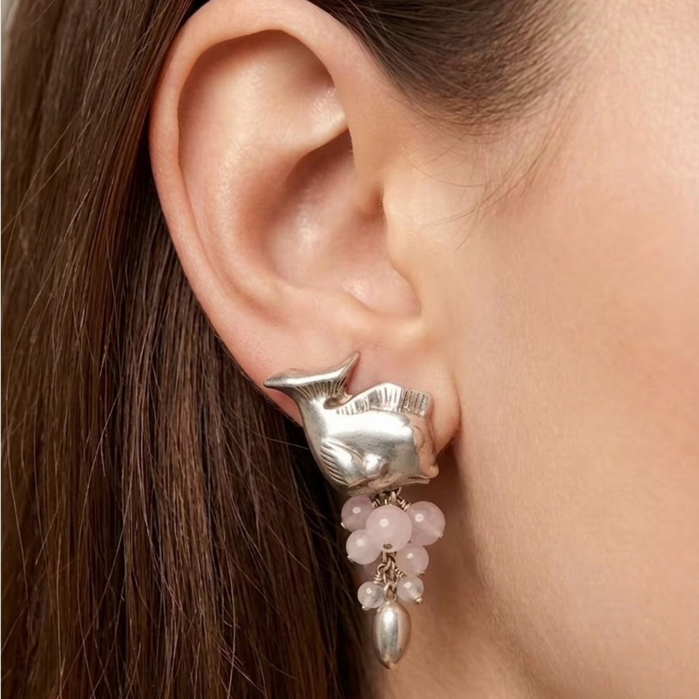 Folli Follie Rose Quartz Sterling Silver Whimsical Dolphin Earrings